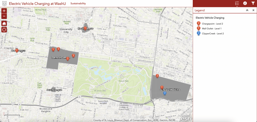 Map of WashU campuses with red and blue points representing electric vehicle charging locations